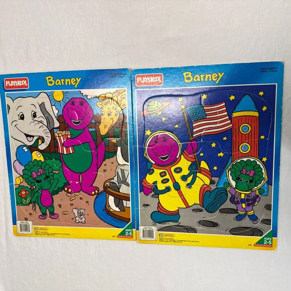 Vintage Barney and Bepop 1993 Playskool Puzzle Frametray Lot Of 2